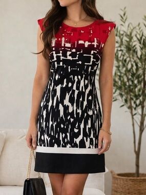 Signature by Sangria Red, Black and White Printed Cap-Sleeve Sheath Dress
